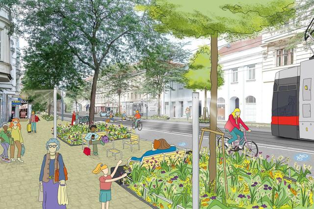 So sieht das "Scribble" der Äußere Mariahilfer Straße aus. Bei den Bürgerinnen und Bürgern stand mehr Begrünung und Schatten an oberster Stelle. | Foto: Stadt Wien, Illustration: Dialog Plus, Claudia Marschall, Foto: Mobilitätsagentur, Christian Fürthner