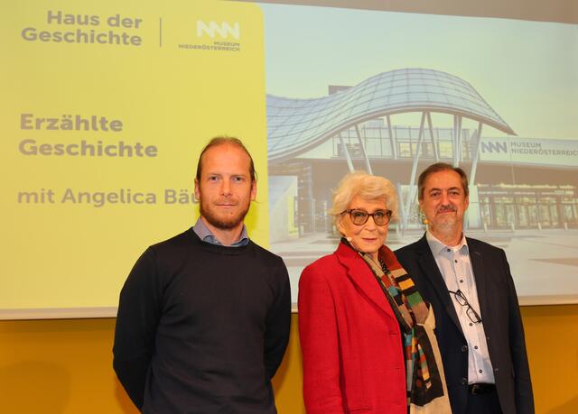 Benedikt Vogl (wissenschaftlicher Mitarbeiter Haus der Geschichte), Angelica Bäumer, Moderator Reinhard Linke | Foto: NÖ Museum Betriebs GmbH, Florian Müller