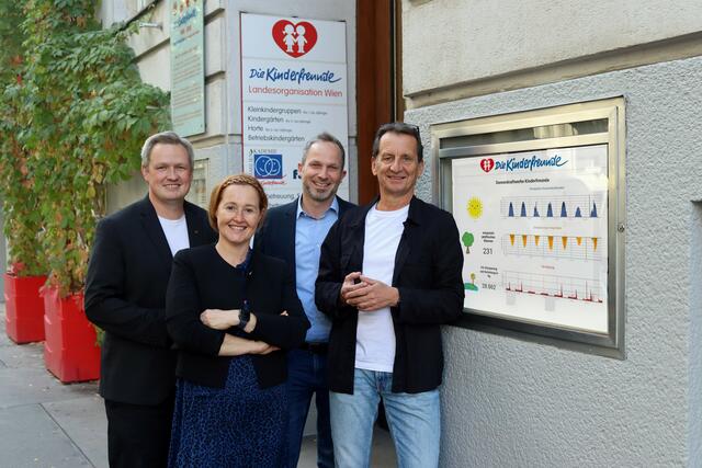 Die beiden Kinderfreunde-Wien Geschäftsführer:innen Daniel Bohmann und Alexandra Fischer, Thomas Treiss, Prokurist efficency projects, NRAbg. Christian Oxonitsch, Vorsitzender Wiener Kinderfreunde vor dem neuen "Einsparmonitor" am Haus der Wiener Kinderfreunde in der Josefstadt | Foto: Frank Jödicke/Kinderfreunde