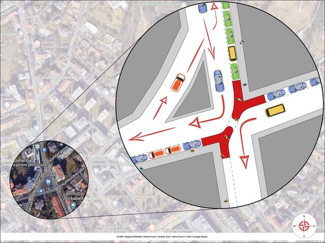 So würde ein Diagonalfilter an der Kreuzung Humboldtstraße/Goethestraße funktionieren. Autos dürften nur mehr in eine Richtung abfahren, Fußgängerinnen und Fußgänger würden die Straße diagonal überqueren. | Foto: MeinBezirk