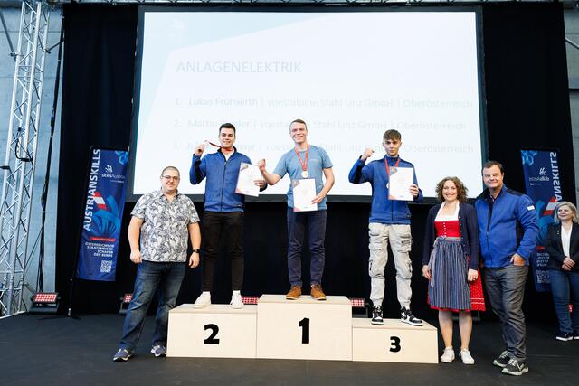 Anlagenelektriker: Gold für Lukas Frühwirth, Silber für Martin Riegler und Bronze für Julian Feizlmayr. | Foto: SkillsAustria/Florian Wieser