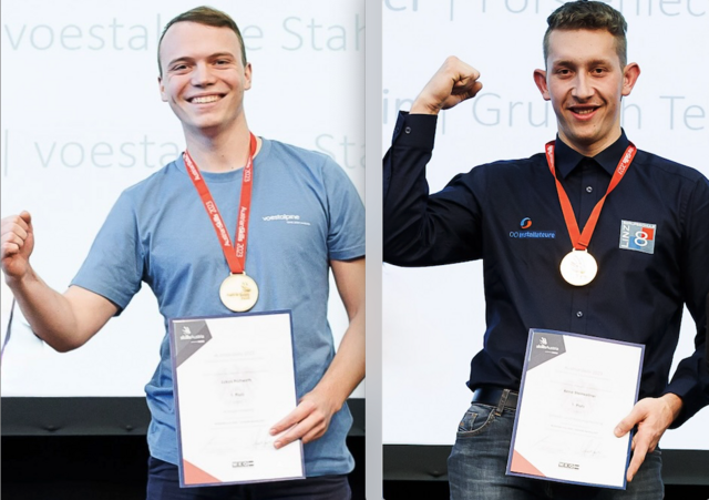 Lukas Frühwirth (links am Bild) aus Schwertberg holte Gold bei den Anlagenelektrikern, René Steinkellner (rechts) aus Pabneukirchen gewann bei den Sanitär- und Heizungstechnikern. | Foto: SkillsAustria/Florian Wieser (beide Bilder)