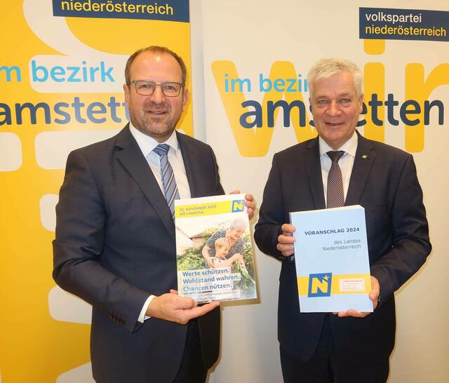 Bildinformation: Gesundheit und Soziales sowie Kinder und Wirtschaft sind die Schwerpunkte im Landesbudget präsentiert von Bernhard Ebner und Anton Kasser die beiden VP-Landtagsabgeordneten der Region Amstetten. | Foto: VPAM