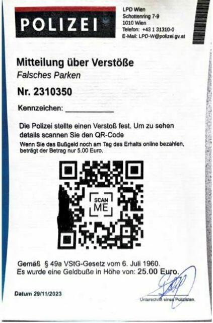 So oder ähnlich sehen die Fake-Strafzettel aus. | Foto: LPD Wien