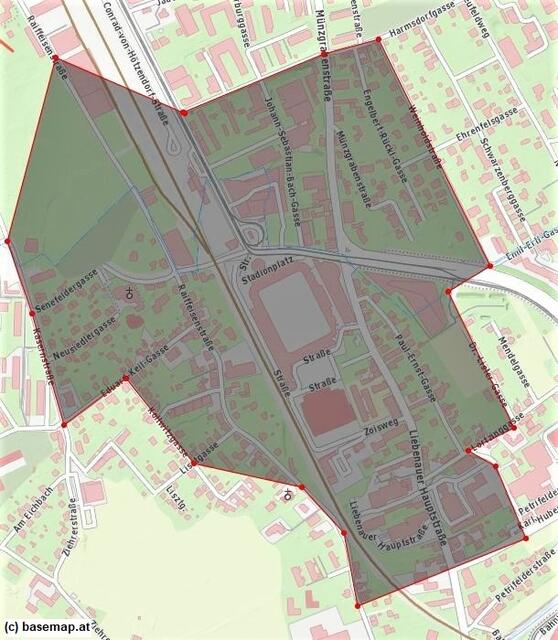 So sieht der Sicherheitsbereich um das Stadion Liebenau heute aus. | Foto: basemap.at