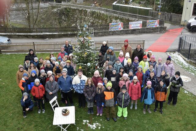 Mädchen und Buben der Volksschule Grein bei ihrem Christbaum; am Bild mit Lehrerinnen sowie Bürgermeister Rainer Barth und Gemeindearzt Thomas Huemer. | Foto: Stadtamt Grein