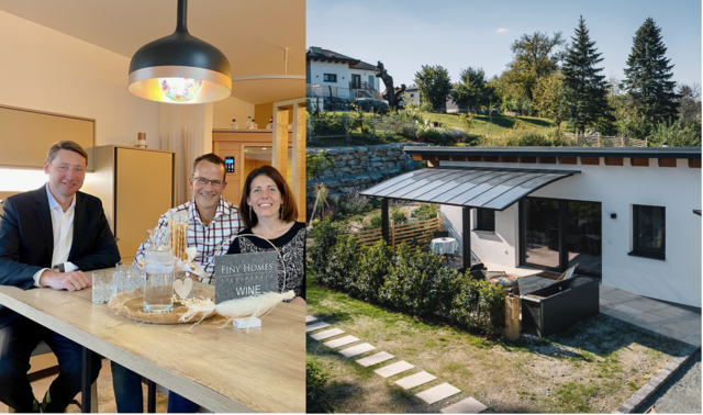 Michael Oberfeichtner (O.K. Energie Haus GmbH), Alexander und Sylvia Schwab (v.l.) haben mit den Finy Homes nicht nur ein einzigartiges Beherbergungskonzpet geschaffen sondern auch eine ideale Wohnlösung für Singles, Alleinstehende und ältere Menschen.  | Foto: Kloiber/Brünner