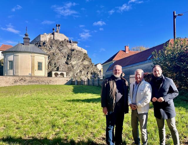 Aus dieser Wiese wollen sie einen Park machen: v.l Bezirksrad Udo Eiselt-Schien, Bezirksvorsteher Stv. Wolfgang Krainer, Gemeinderat Markus Huber (alle ÖVP) | Foto:  E. Krainer