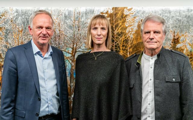 Eröffneten die Ausstellung „Weissgold Werke“: (v.l.) Dir. Klaus Felderer, Vorsitzender des Vorstandes, Künstlerin Maria Birbamer Zott und Ausstellungs-Kurator Hans-Peter Gruber.  | Foto: Marco Pircher