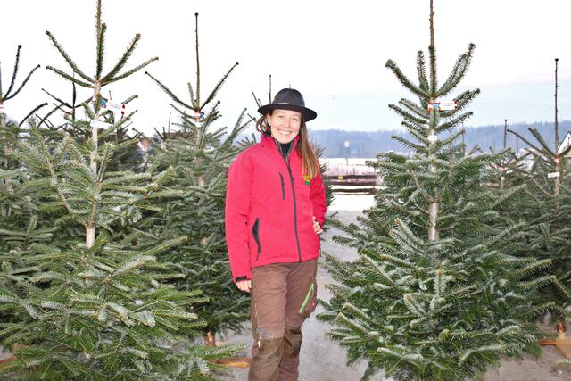 Martina zwischen den Christbäumen, die zum Verkauf stehen. | Foto: Löschnig