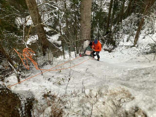 Die 7-Jährige konnte sich bei ihrem Absturz an einem Baum festklammern. Sie wurde mittels Seils unversehrt geborgen. | Foto: ZOOM.Tirol