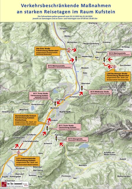 Das sind die Fahrverbote 2023/2024 für den Bezirk Kufstein.  | Foto: Karte: Land Tirol