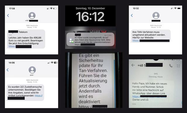 Ein paar Beispiele von Fake-Nachrichten, die vor Weihnachen vermehrt über Handys verschickt werden.  | Foto: Gernot Heigl