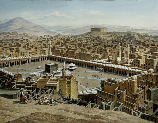 Zur Ausstellung „Heilige Orte – Ansichten von Hubert Sattler (1817–1904)“ im DomQuartier Salzburg, Nordoratorium Hubert Sattler (1817–1904), Kosmorama: Mekka (Saudi-Arabien), 1897, Öl auf Leinwand | Foto: Salzburg Museum