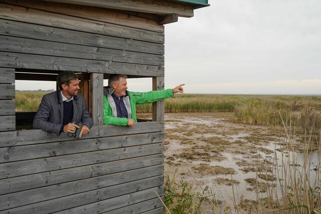 Lukas Püspök – Geschäftsführer der PÜSPÖK Unternehmensgruppe mit Johannes Ehrenfeldner – Direktor Nationalpark Neusiedler See-Seewinkel, im Nationalpark. | Foto: Nationalpark Neusiedler See-Seewinkel