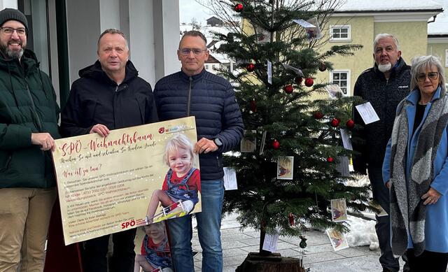 Von Links: Die SPÖ Gemeinderäte Renè Schusterbauer, Hannes Bogner, Alfons Meier, Karl Schusterbauer und Anneliese Feichtinger vor dem Spenden-Christbaum in Lambrechten.  | Foto: SPÖ Lambrechten