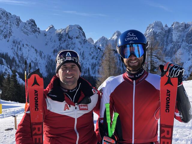 Marco Schwarz (r.) wird weiterhin mit Cheftrainer Marko Pfeifer jede Trainingssekunde nutzen, um zusätzlichen Speed in Richtung Odermaat aufzubauen.  | Foto: Pfeifer/KK