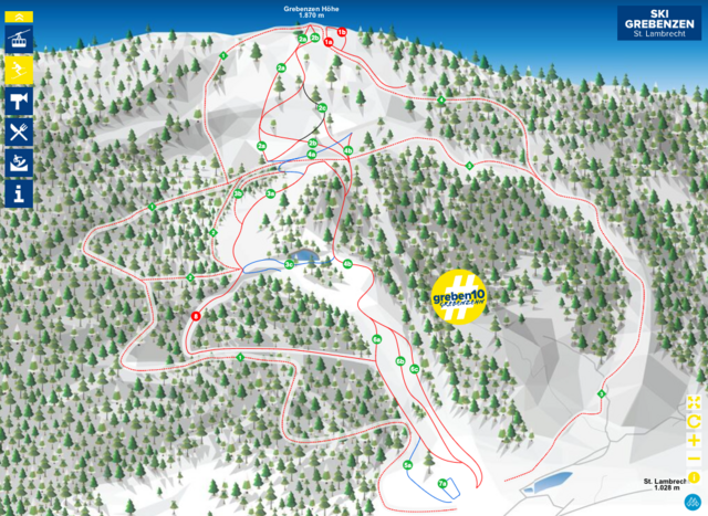 Die Skitourenrouten sind strichliert und befinden sich links außen (1) und rechts außen (3). | Foto: Screenshot Skigebiet Grebenzen