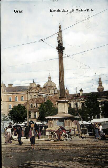 Das Bild aus der Sammlung Kubinzky zeigt den Jakominiplatz im Jahr 1907 samt Mariensäule, die damals hier stand.  | Foto: Sammlung Kubinzky