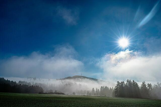 Der Kollmitzberg steigt aus dem Nebel