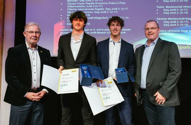 Von links: Sportreferent Stadtrat Harald Sobe, die Ruderer Anton Franz Pfurtscheller und Christoph Spath-Glantschnig, Dietmar Juvan von der Abteilung Sport und Freizeit | Foto: Stadt Villach/Karin Wernig