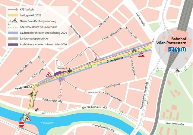 Die Bauarbeiten auf der Praterstraße und der Aspernbrückengasse nehmen ab 9. Jänner 2024 wieder ihren Lauf. | Foto: Stadt Wien