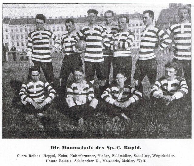 Das erste Mannschaftsfoto mit grün-weißen Trikots in der Vereinsgeschichte aus dem Jahre 1907. | Foto: Rapid / Archiv