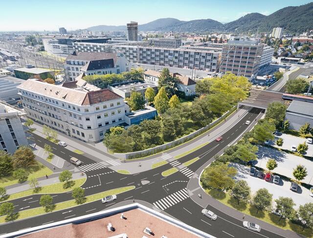 In der Peter-Tunner-Gasse entsteht bis Juni 2026 eine neue Bahnbrücke. | Foto: Rendering Stadt Graz/Nonstandard