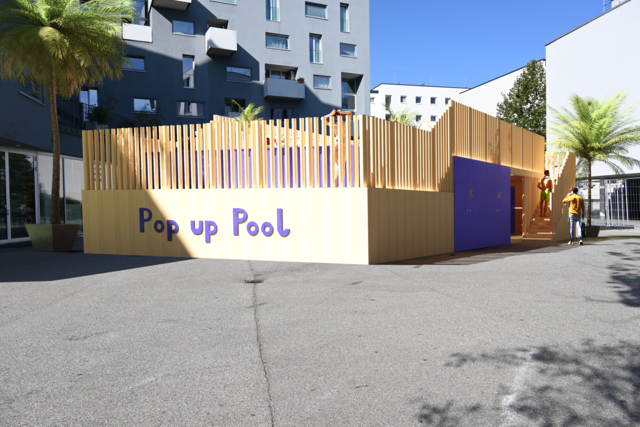 Idee 1: Pop Up Pool
Ein für den urbanen Raum konzipierter, mobil aufstellbarer Pool ermöglicht es, temporär die Wasserflächen in verschiedenen Teilen der Stadt Salzburg zu erweitern. | Foto: Ludwig Boltzmann Institut für digitale Gesundheit und Prävention