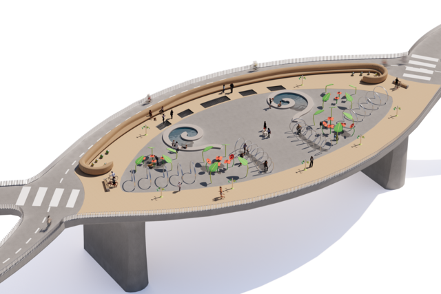 Idee 4: Wasser Speile Lehen
Eine Plattform über die Salzach bringt Bewegung und Abkühlung in die Stadt. Durch Kurbeln und Treten wird das Wasser aus dem Fluss für die vielen Wasserspielstationen verfügbar gemacht. | Foto: Ludwig Boltzmann Institut für digitale Gesundheit und Prävention