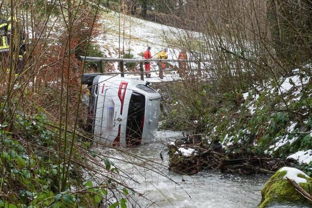 In Steinholz landete ein Pkw-Lenker im Bachbett, nachdem er auf der spiegelglatten Fahrbahn die Kontrolle über sein Fahrzeug verloren hatte. | Foto: Doku NÖ