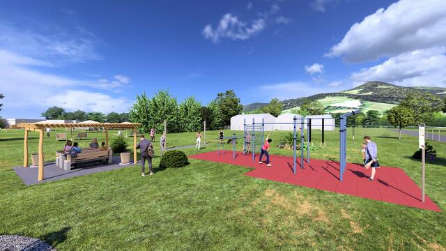 Der Bewegungspark, ein so genannter Calisthenics-Park, umfasst vier Reckstangen, eine Leiter und eine Hangelleiter, zwei Barren, Turnringe sowie Leitersprossen.  | Foto: Visualisierung Agropac