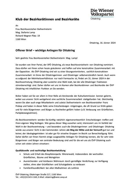 Der offene Brief der ÖVP an Bezirksvorsteherin Stefanie Lamp (Seite 1). | Foto: ÖVP16