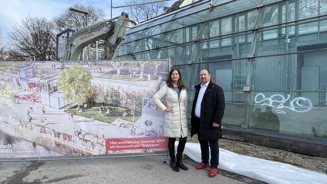 Baustart für den neuen Pocket-Park am Donaukanal – mit Stadträtin Ulli Sima und Bezirksvorsteher Alexander Nikolai (beide SPÖ) | Foto: Kathrin Klemm