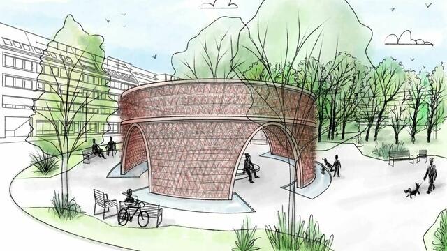 Der rund 4 Meter hohe „Windfänger“ ist eine Brunnenskulptur in Form einer oben offenen Rotunde von 13 Metern Durchmesser. | Foto: Michael Herzog