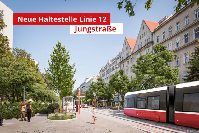 So soll die neue Station in der Jungstraße aussehen. Dort wird die Linie 12 in den bestehenden Straßenverkehr integriert.  | Foto: Wiener Linien