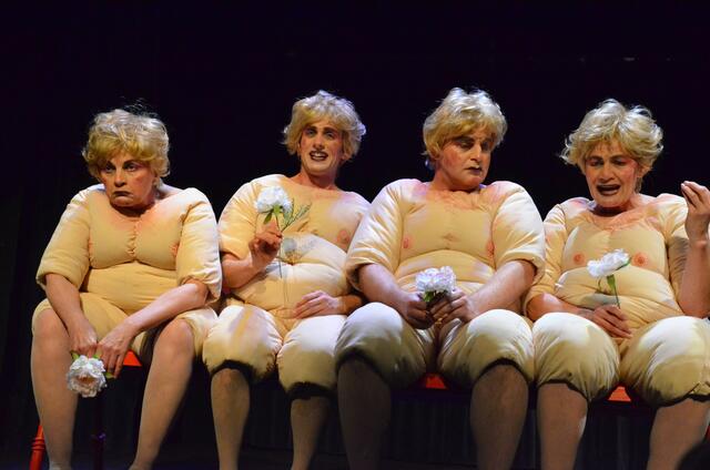 Das Staatstheater-Ensemble Ute Heidorn, Frederick Redavid, Oliver Burkia  und Carmen Gratl halten der österreichischen Gesellschaft den Alltagsgeschichten-Spiegel vor.