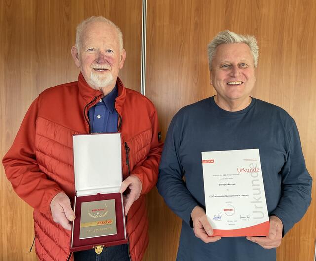 Zum 100-jährigen Jubiläum des ATSV Schärding gab's nun die diamantene Vereinsjubiläumsplakette vom Landesverband des ASKÖ. Stolz auf die Ehrung: ATSV Schärding-Obmann Dieter Beuleke (links) und stellvertretender Sektionsleiter Fußball Hannes Wohlmaier.  | Foto: Karl Grabmann