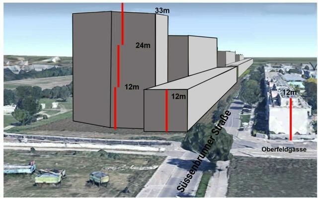 Dies ist das geplante Projekt "Quartier Süßenbrunner Straße West", das in der Donaustadt entstehen soll. Viele stellen sich gegen das Projekt. | Foto: BI Süßenbrunn