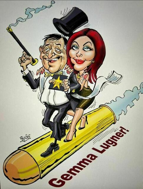 Angelehnt an das Filmplakat der US-amerikanischen Slapstick-Komödie "Die nackte Kanone" mit Priscilla Presley als Hauptdarstellerin, steht Richard Lugner, gleich wie der Hauptdarsteller Leslie Nielsen, mit Presley auf einer goldenen Kanone. | Foto: "BUL" Erich Schatz