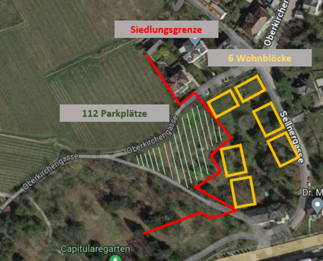 In Gelb: Die geplanten Wohnblöcke, Ein Drittel der Fläche bietet Platz für 112 Parkplätze und liegt eigentlich im Grünland außerhalb der Siedlungsgrenze. Die alte Widmung Parkplatz wurde nie genutzt, eine Rückwidmung in Grünland fand nie statt. Somit bleibt die Möglichkeit, viele Parkplätze auf Eigengrund zu errichten und damit eine großzügige Verbauung mit Wohnungen zu realisieren. (Skizze: Bürgerinitiative Kleine Hageln) | Foto: privat
