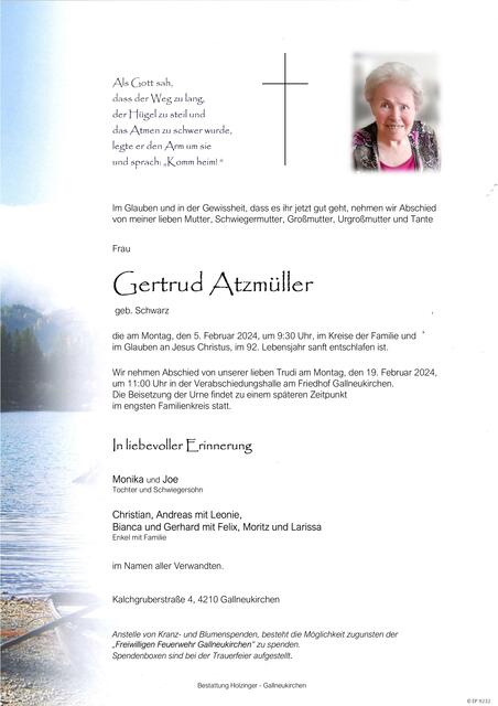 Gertrud Atzmüller ✝︎ 5. Februar 2024 | Foto: Bestattung Holzinger