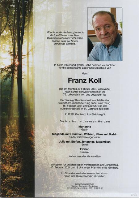 Franz Koll ✝︎ 5. Februar 2024 | Foto: Bestattung Smrekar