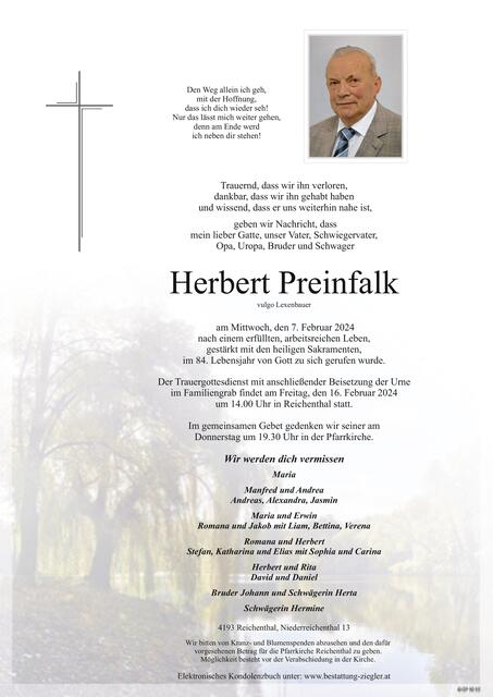 Herbert Preinfalk ✝︎ 7. Februar 2024 | Foto: Bestattung Ziegler