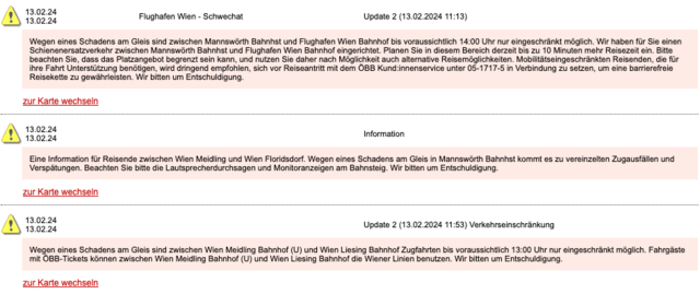 In der Online-Fahrgastinformation tauchen rund um Dienstagmittag mehrere Meldungen auf. | Foto: ÖBB Screenshot