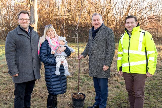 Umweltgemeinderat Robert Pfisterer, Mariella Valtiner-Novotny mit der kleinen Matilda, Stadtrat LAbg. Franz Dinhobl und Grünraum-Leiter Florian Fux. | Foto: Stadt Wiener Neustadt/Weller