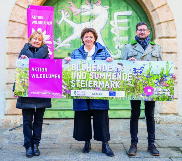 Auftakt für die heurige Aktion für die "blühende und summende Steiermark": Christine Podlipnig, Ursula Lackner, Michael Leitgeb | Foto: Christoph Purgstaller