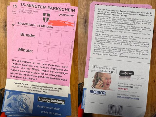 Eine kontroverse Werbung zum Schutz vor Handystrahlung auf einigen 15-Minuten-Parkscheinen sorgte in den sozialen Netzwerken für Diskussionen. | Foto: Reddit/stohr2566b auf r/Wien