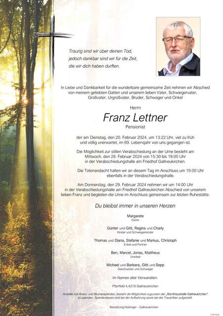 Franz Lettner ✝︎ 20. Februar 2024 | Foto: Bestattung Holzinger