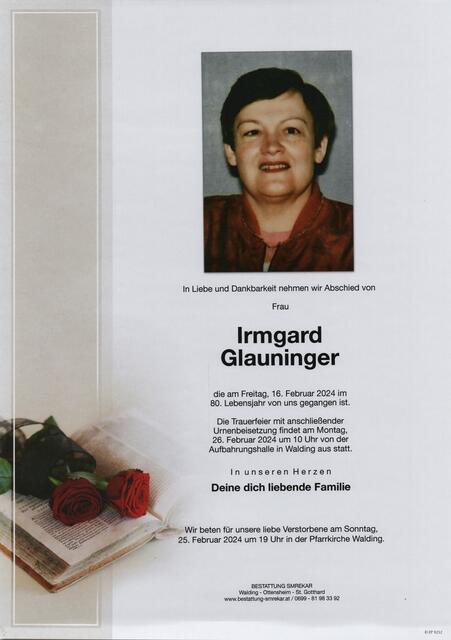 Irmgard Glauninger ✝︎ 16. Februar 2024 | Foto: Bestattung Smrekar